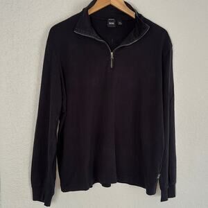 Hugo Boss 1/4 Zip Black Pullover Sweater Large Pima Cotton Preppy Fall Casual
